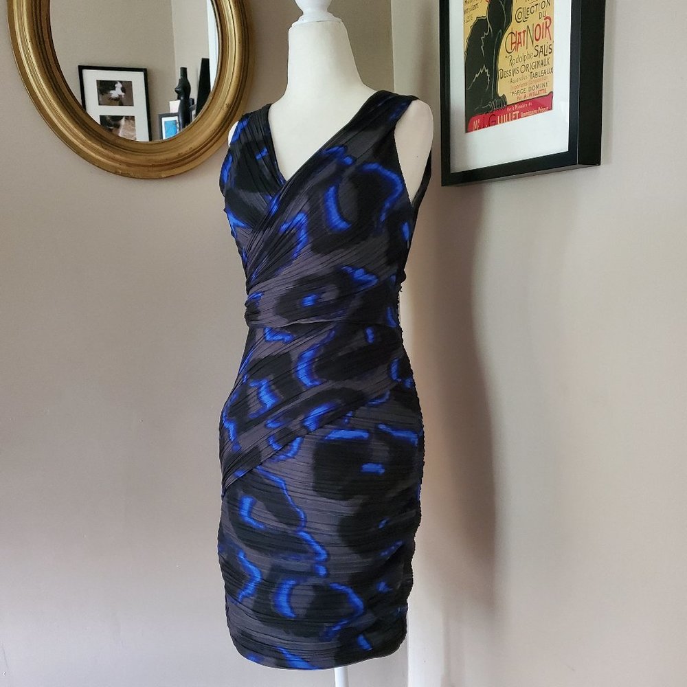 Halston Heritage Blue and Gray Pleated Dress Size 4 - Picture 4 of 16